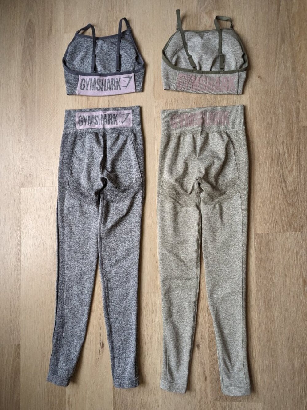 Gymshark Dry Flex Leggings + Bralette Set Bundle XS Gray + Stone Pink Logo